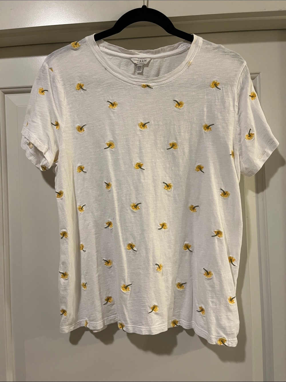 Lucky Brand White Short-Sleeve Tee with Yellow Floral Embroidery